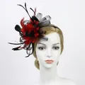 Detail of red and black feather fascinator with mesh flower on a mannequin head - Black Red