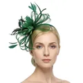 Detail of dark green vintage pillbox hat with feathers and mesh flower on a headband - Dark Green