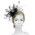 Detailed close-up of vintage feather fascinator with mesh netting and bead accents - Grey Black