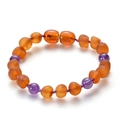 Bracciale per neonati in ambra baltica satinata e perle di ametista viola con cordino - Bracciale in Ametista e Ambra