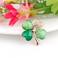 Elegant gold-plated four-leaf clover brooch with green marble texture and sparkling crystals - Clover - Two Light One Deep Green