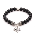 Black matte beaded lava stone yoga bracelet with silver Tree of Life charm pendant - Matte Stone