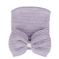 Dettaglio della trama a maglia del cappello neonato con fiocco a righe viola e bianco - Viola Bianco
