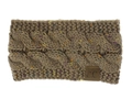 Detail of cable knit taupe headband with colorful confetti specks and leather logo patch - Khaki Confetti