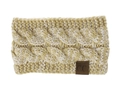 Détail du bandeau en maille torsadée jaune crème avec logo élégant en cuir marron - Camel et Blanc