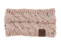 Close-up of cable knit confetti headband with brown leather logo tag in cream pink - Pink Confetti