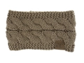Detail of cable knit ear warmer in khaki with embossed C.C leather patch on white background - Khaki