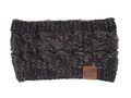 Detail of dark gray cable knit headband with brown C.C brand leather tag on white background - Black and Grey