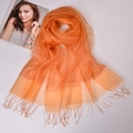 Orange silk organza scarf with shimmering gold metallic thread and fringe tassels - Orange