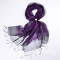 Purple and black silk organza scarf with shimmer effect, fringe, and a floral brooch - Purple