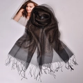 Elegant black silk organza scarf with gold glitter accents and fringe tassel detail - Dark Gold Black