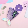Detail of mermaid tail sequin coin purse with purple scales and holographic silver fins - Violet