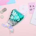 Detail of reversible sequin mermaid tail coin purse with holographic fin and woven strap - Light Green