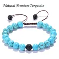 Adjustable woven bracelet with 8mm turquoise beads and black lava stones - Style C-Turquoise Braided Style