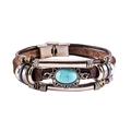 Pulsera multicapa de cuero marrón con piedra turquesa y detalles de metal plateado - Marrón
