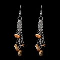 Detail of silver long tassel earrings with layered chains and natural stone beads - Tiger Eye