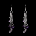 Detail of bohemian long tassel earrings with purple natural crystal and silver chains - Purple Crystal