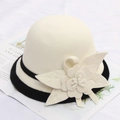 Elegant white wool felt fedora with black faux fur trim and large floral detail - M / Four-leaf Flower with Hemming / Cream