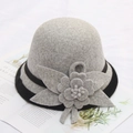 Elegant grey wool cloche hat with floral accent and contrast black block detailing - M / Four-leaf Flower with Hemming / Gray