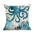 Vintage style square octopus pillow cover with nautical ocean map and seastars on linen fabric - Octopus