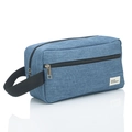 Detail of blue linen-textured toiletry bag with woven handle and zippered front pocket - 300D Frosted Navy With Side Handle (BEARD REVERENCE)