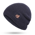 Navy blue knitted beanie with brown maple leaf patch in a thick winter ribbed style - Single Hat / Navy Blue Hat