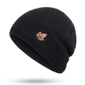 Winter black knitted beanie with brown maple leaf logo and thick fleece lining for men - Single Hat / Black Hat