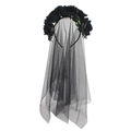 Close-up of Gothic black rose headband with long mesh veil for Halloween party costume - Black