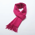 Solid rose red cashmere-style winter scarf with long fringe tassels, flat lay view - Rose Red