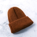 Kids minimalist caramel brown ribbed knit beanie hat for winter warmth - Caramel color