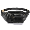 Multifunktionale schwarze Leder-Gürteltasche mit Litschi-Struktur und Reißverschlussfächern - Schwarz