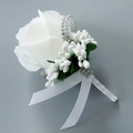 White silk rose boutonniere with frosted berries, rhinestones and white satin ribbon - Corsage / No.7 White
