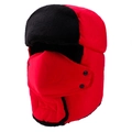 Winter red trapper hat with detachable face mask and thick black faux fur lining - One Size / Red