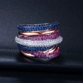 Macro shot of a multi-layer rose gold ring with five rows of micro-paved colored zircons - Platinum Hammered (7#)
