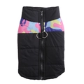 Black waterproof dog winter vest with colorful camo collar and dual D-ring harness loops - Semi-Camo Pink