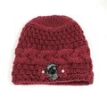 Gorro de invierno de punto burdeos para mujer con flores y forro de piel sintética - Rojo