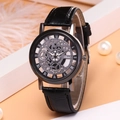 Mechanical style skeleton watch for men with black crocodile leather strap and roman numerals - Black Dial Black Strap