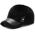 Berretto da baseball invernale da uomo in peluche nero con visiera in pelle - Regolabile / Nero