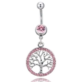 Silver tree of life belly button ring with pink crystals on white background - Light Pink