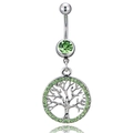 Silver stainless steel navel ring with green gemstone tree of life pendant - Green