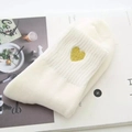 Creamy white cotton socks featuring gold heart embroidery in a cozy knitted texture - One Size / White