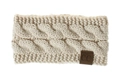 Detailed cable knit pattern on cream-colored ear warmer headband with CC leather patch - Beige
