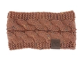Détail d'un bandeau en maille torsadée marron moucheté avec étiquette en cuir C.C - Rouge Rouille Confetti