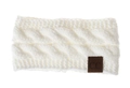 Detail of white cable-knit headband with C.C leather tag and warm textured yarn - White