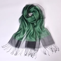 Elegant green silk organza scarf with gold metallic shine and black fringe tassels - Green