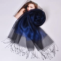 Navy blue mulberry silk scarf with metallic thread and fine black fringe tassels - Royal Blue Black