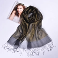 Black and gold silk organza scarf with shimmering metallic threads and fringe trim - Black Gold