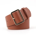 Women's brown leather wide belt with a stylish gold and black rectangular buckle - Camel / 105