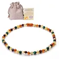 Collier pour bébé en ambre naturel et turquoise avec certificat et pochette en lin - Collier d'Ambre Multicolore Style Malachite