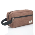 Detail view of brown fabric toiletry bag with black handle and side logo label - 300D Frosted Coffee With Side Handle (BEARD REVERENCE)